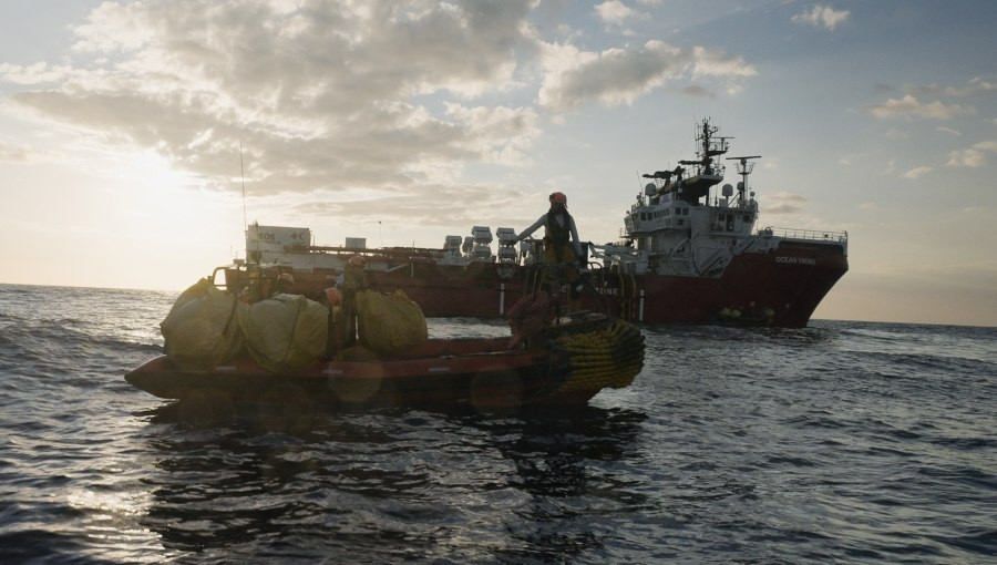 John Cabot University alumna Cecilia Palmeri on the Ocean Viking, documenting a rescue mission for her upcoming documentary.