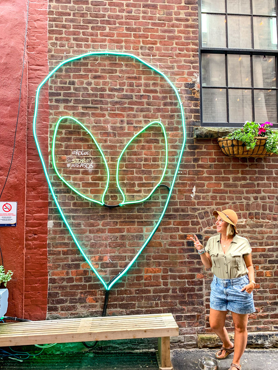 Enjoy coffee and art at Rogue Coffee in Saint John, New Brunswick, featuring the Rogue Alien mural.