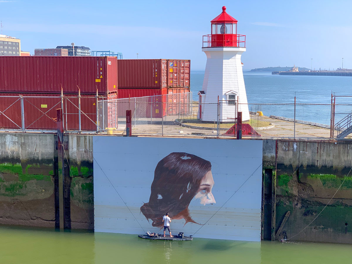 Close-up view of The Hula Mural in progress in Saint John, New Brunswick - East Coast Mermaid 3
