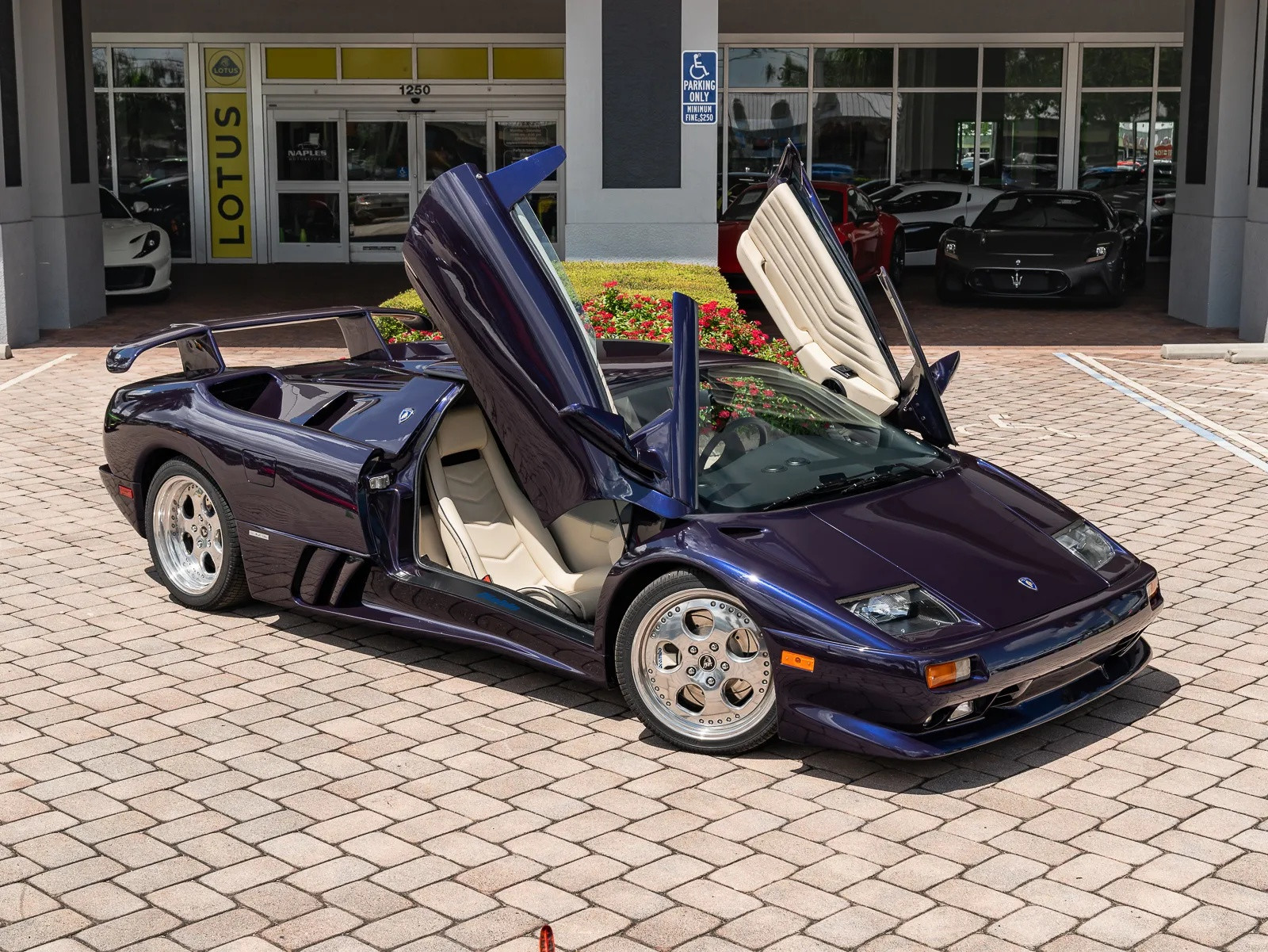 Front three-quarter view of the blue Lamborghini Diablo replica