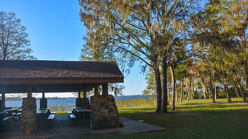 Picnic pavilion with lake beyond