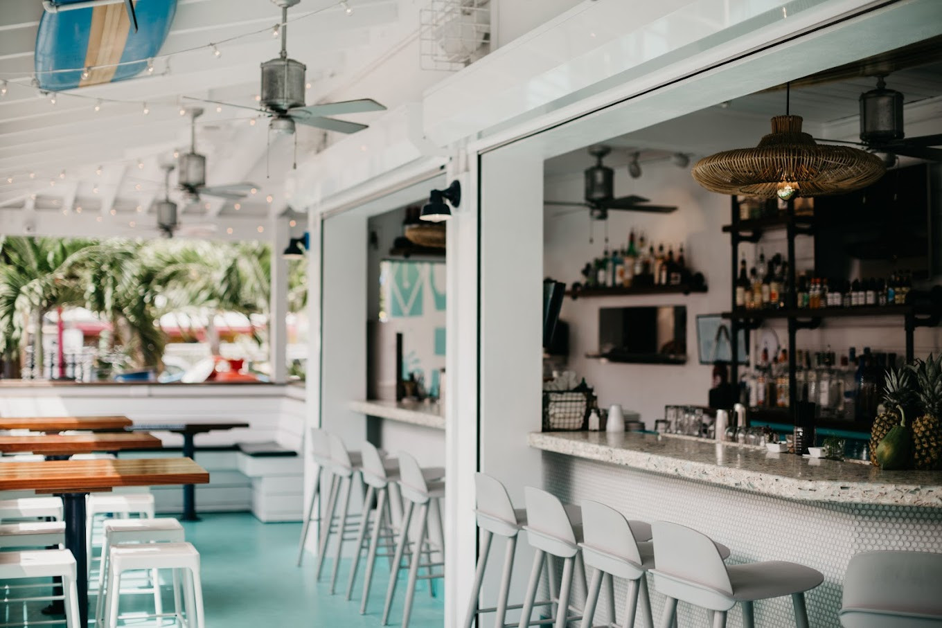 The Longboard restaurant in Cruz Bay, St. John, offering an upscale island dining experience with a vibrant atmosphere.