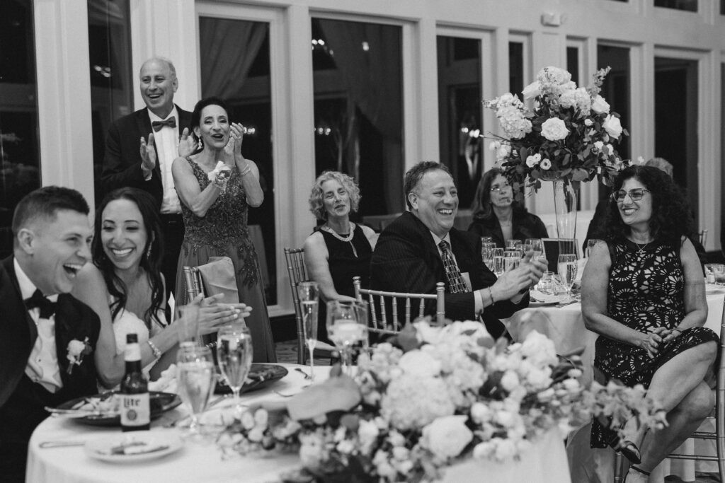 Wide shot of the beautifully decorated wedding reception hall at the Country Club of the South.