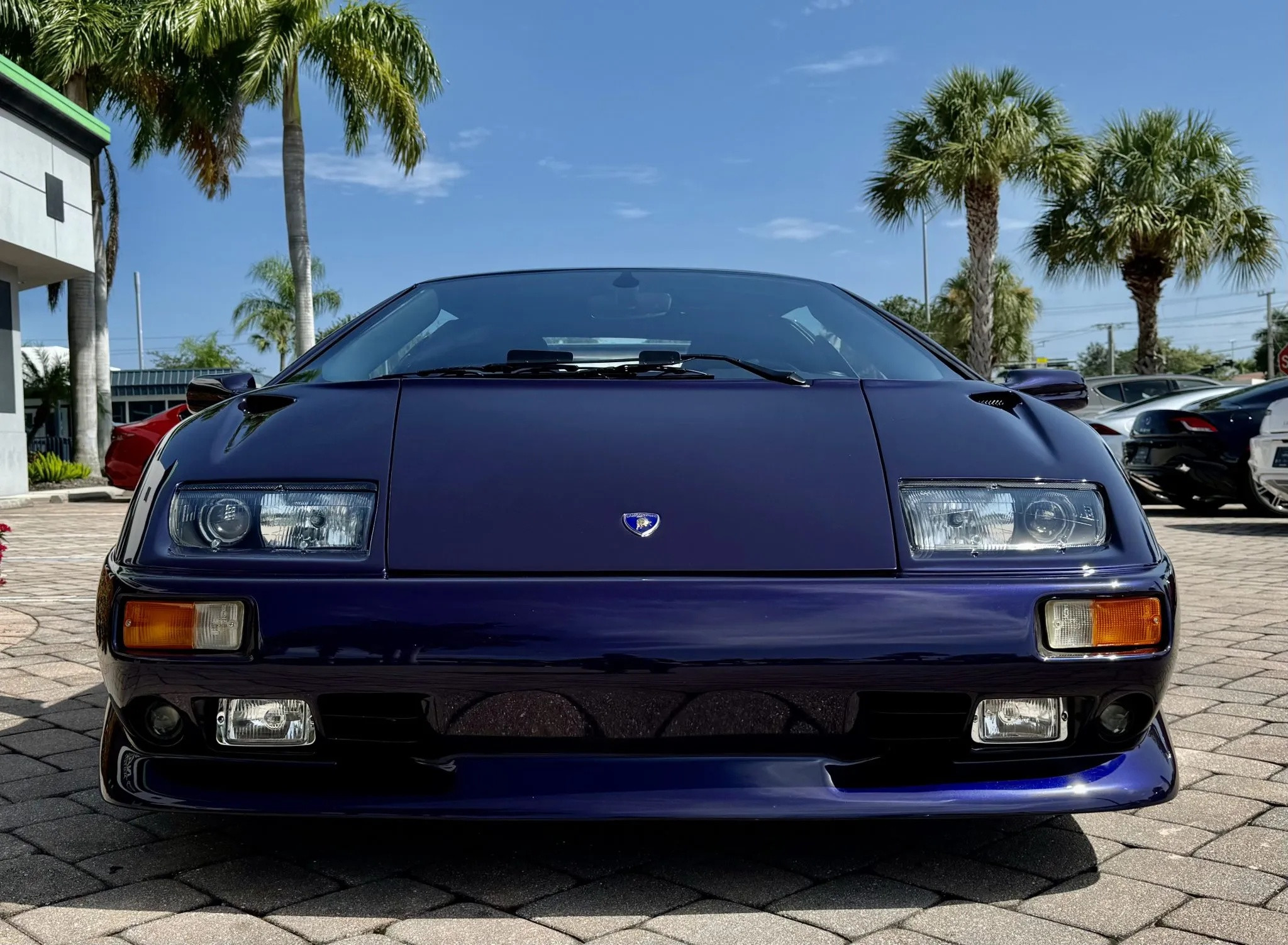Rear view of the blue Lamborghini Diablo replica showcasing taillights and exhaust