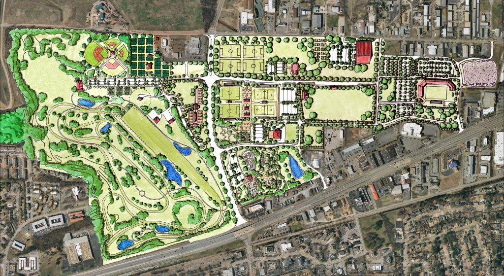 Master plan rendering for John Hunt Park showcasing diverse recreational zones and green spaces