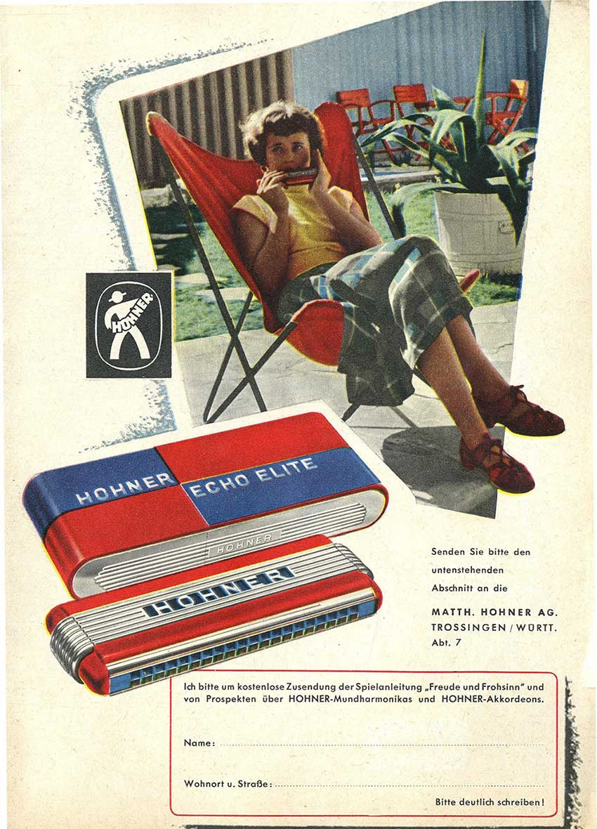 German advertisement for Echo Elite harmonica.