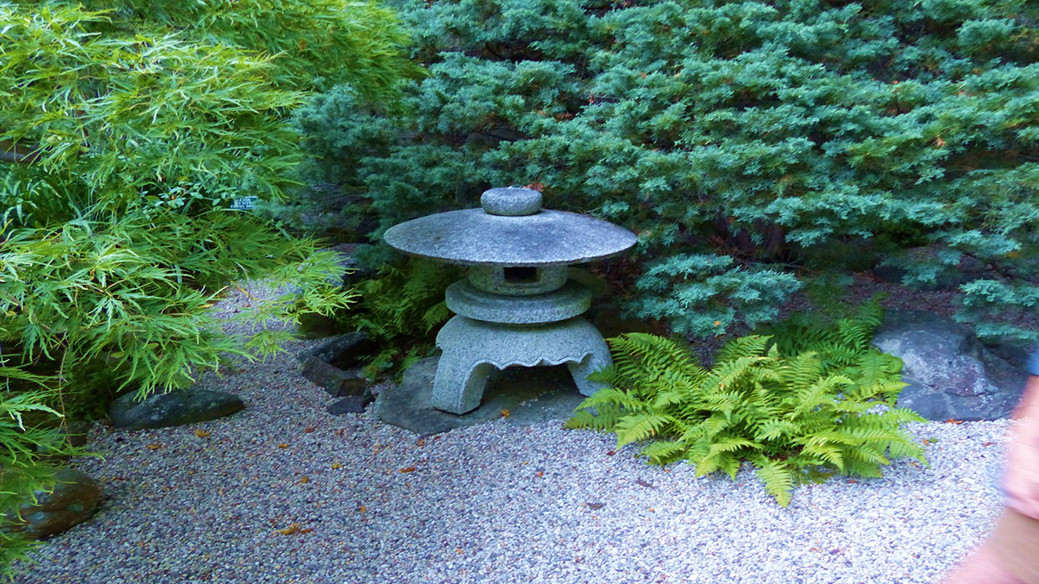 Stone lantern partially hidden among foliage in the John P. Humes Japanese Stroll Garden.