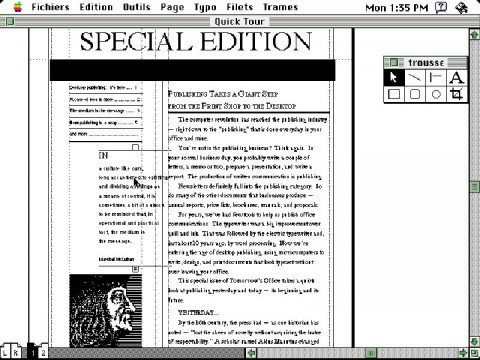 A screenshot of PageMaker 1.0 (French version), showcasing its desktop publishing capabilities