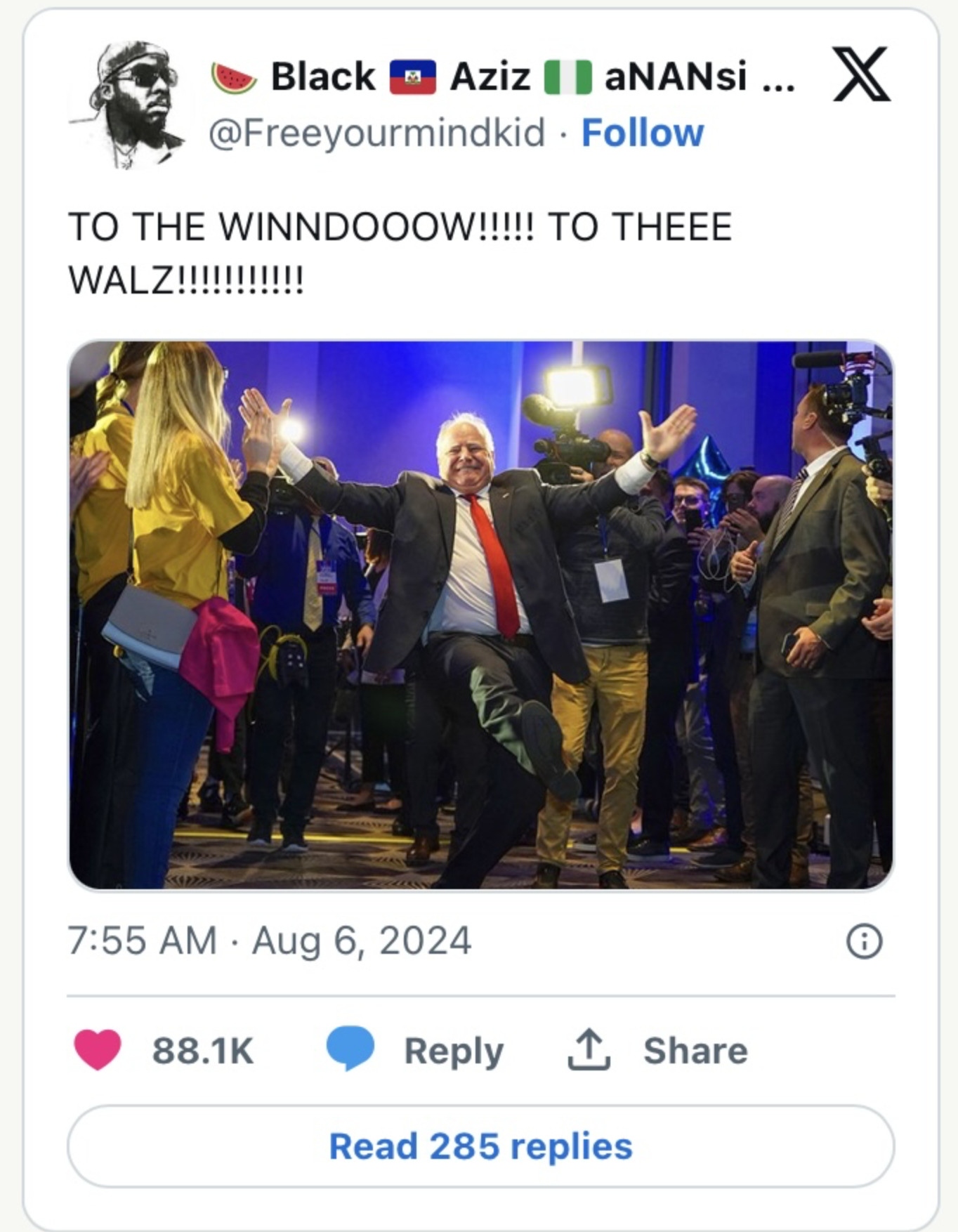 Twitter meme example: To The Window To The Walz text