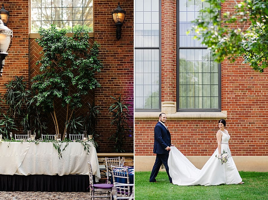 Groom holding the bride's train as they walk, a caring gesture at The Inn at St. John's.