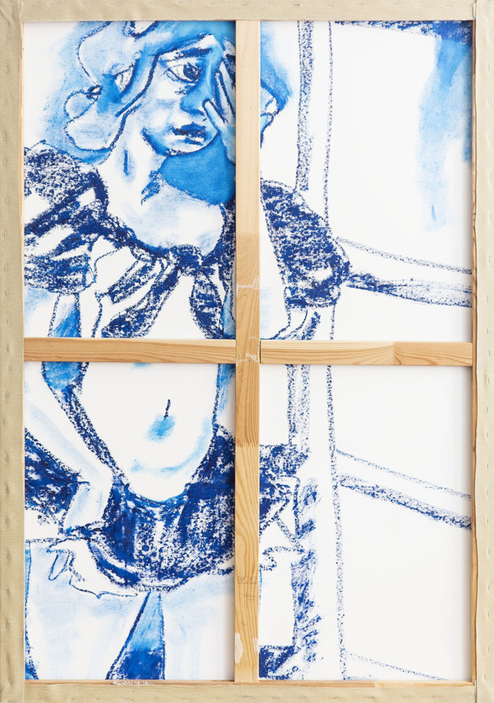 Back side of &quot;Figure with two bags VII&quot; artwork by John Matthew Heard, revealing the canvas reverse, 2019