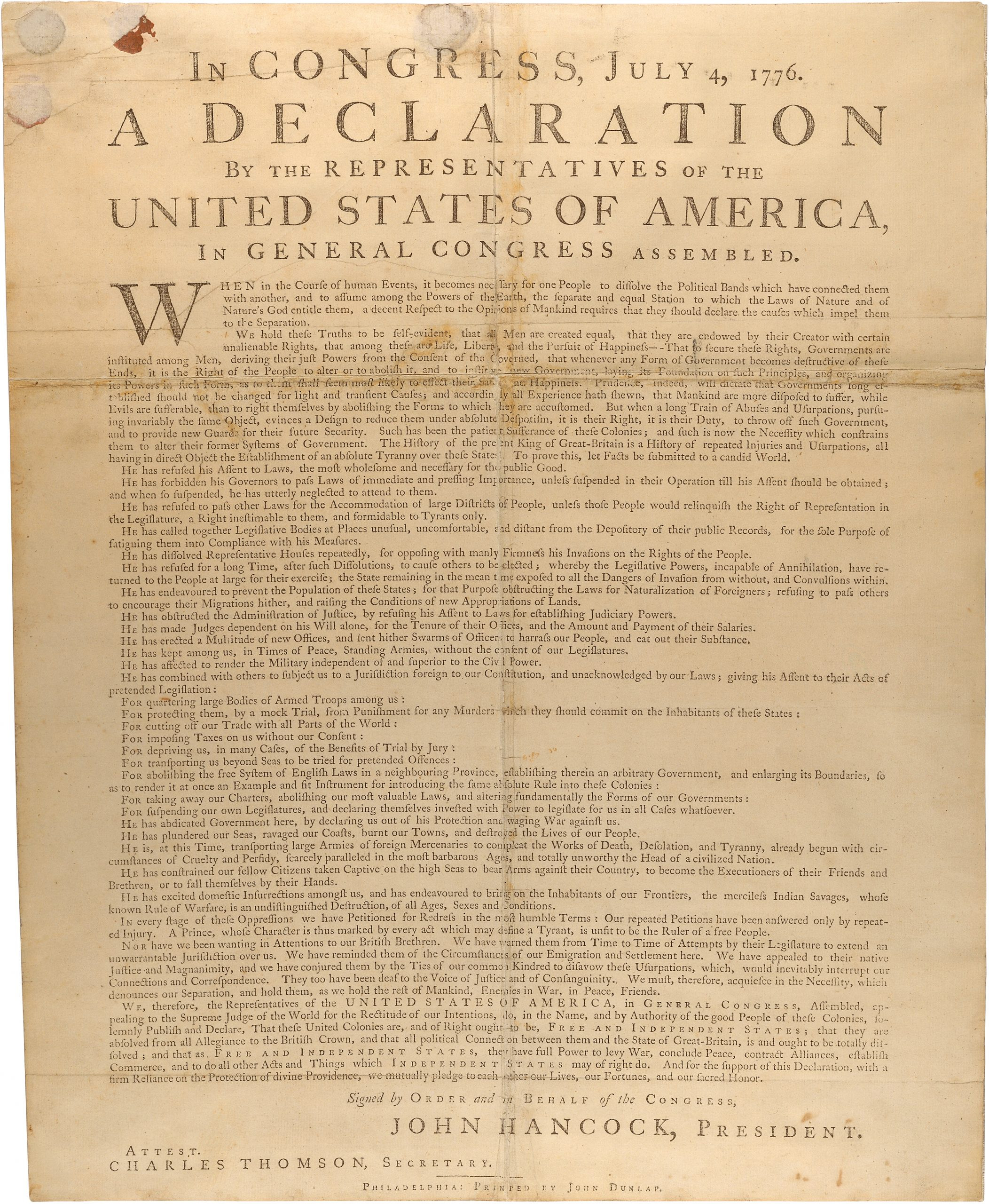 The Dunlap Broadside, featuring John Hancock's prominent signature, which symbolized American defiance and independence.