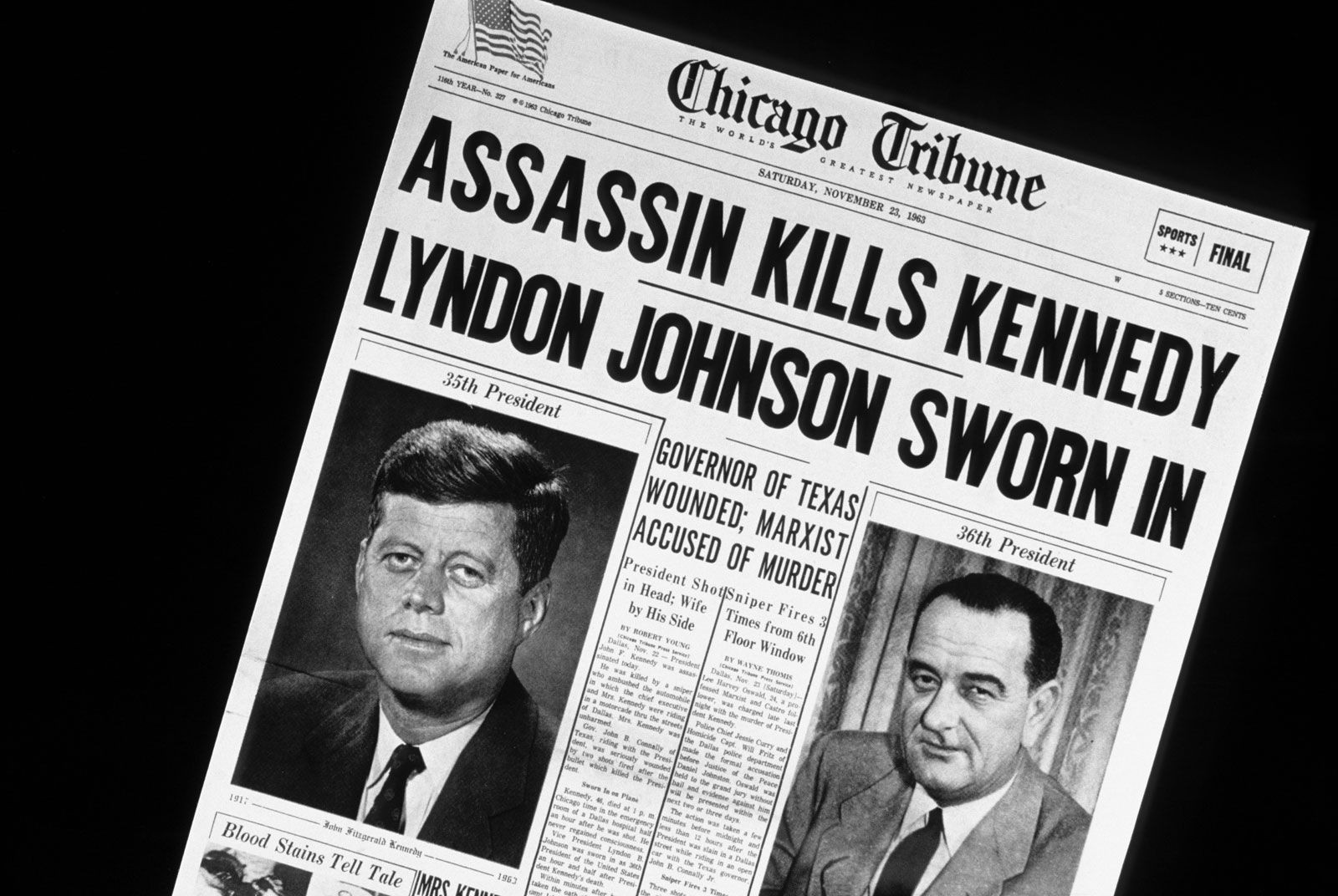 Front page of the *Chicago Tribune* on November 23, 1963, the day after the assassination of Pres. John F. Kennedy highlighting the immediate shock and disbelief