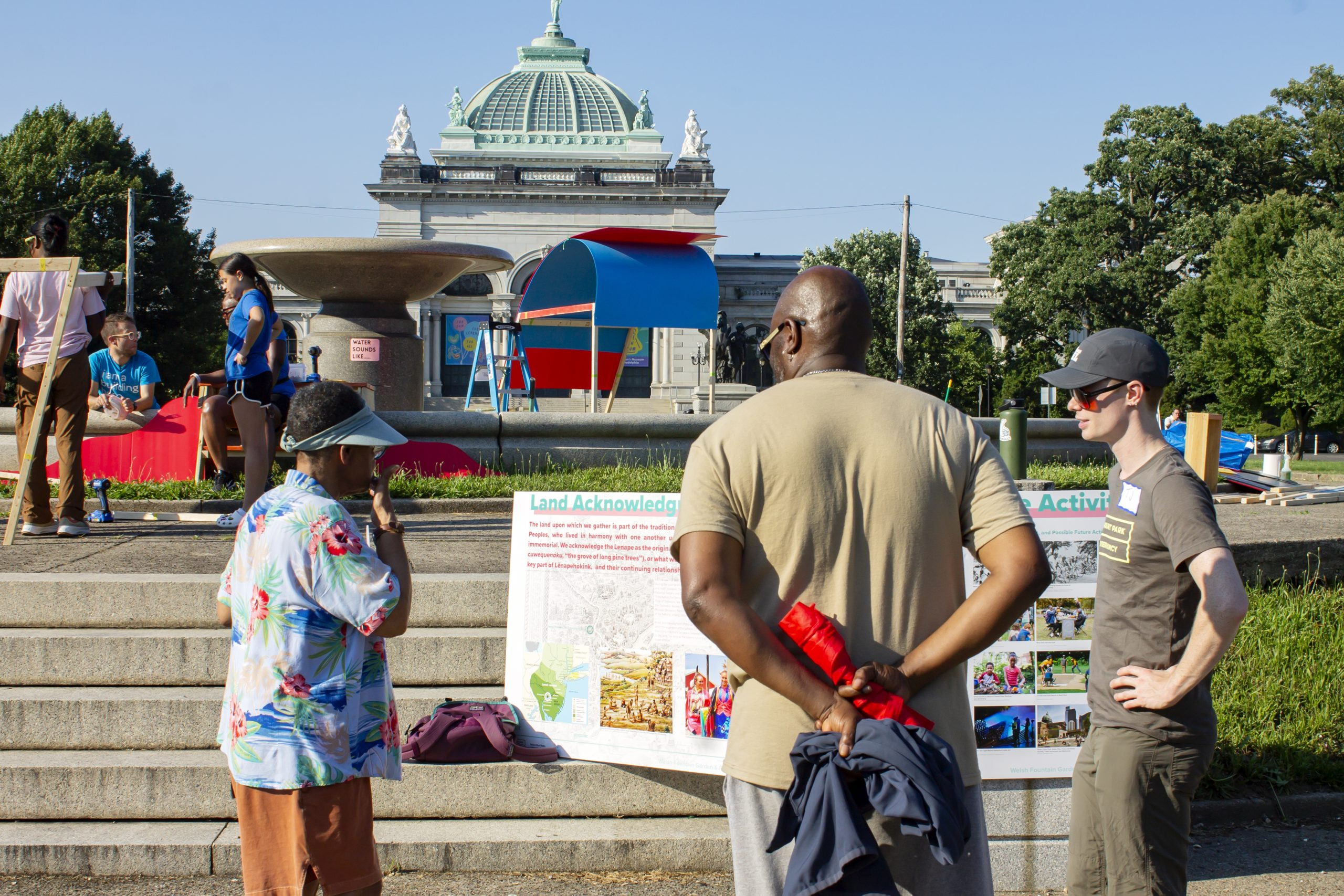 Community members prototyping designs with Tiny WPA at the Welsh Fountain, contributing to the project's reimagining