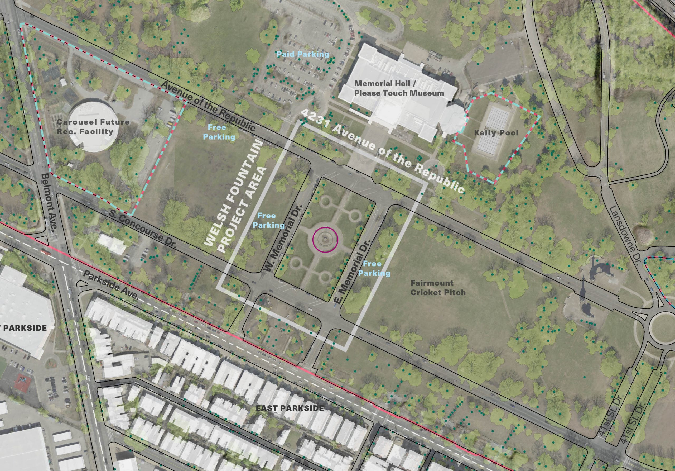 Map outlining the Welsh Fountain project area, highlighting key points of interest and planned improvements